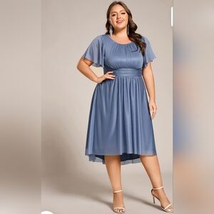 Ever Pretty Blue Round Neck Midi Dress, Sparkly Material, Flutter Sleeves SZ 16